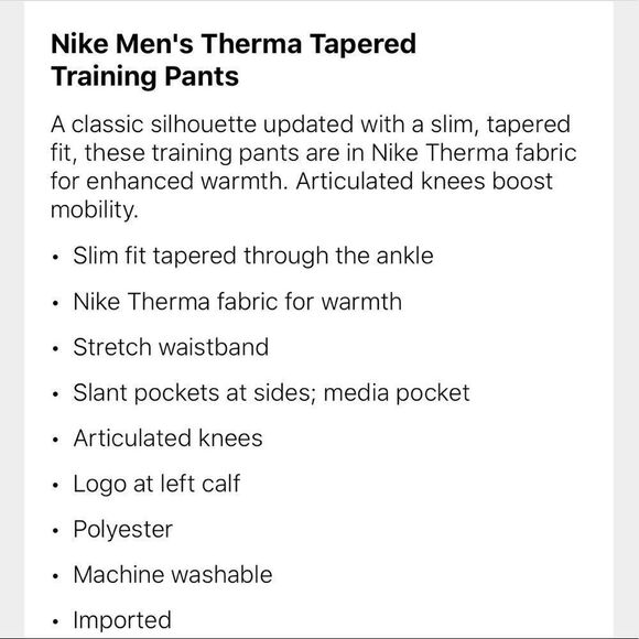 NIKE Men’sTHERMA Tapered SLIM-FIT TRAINING Pants XL - Picture 6 of 9